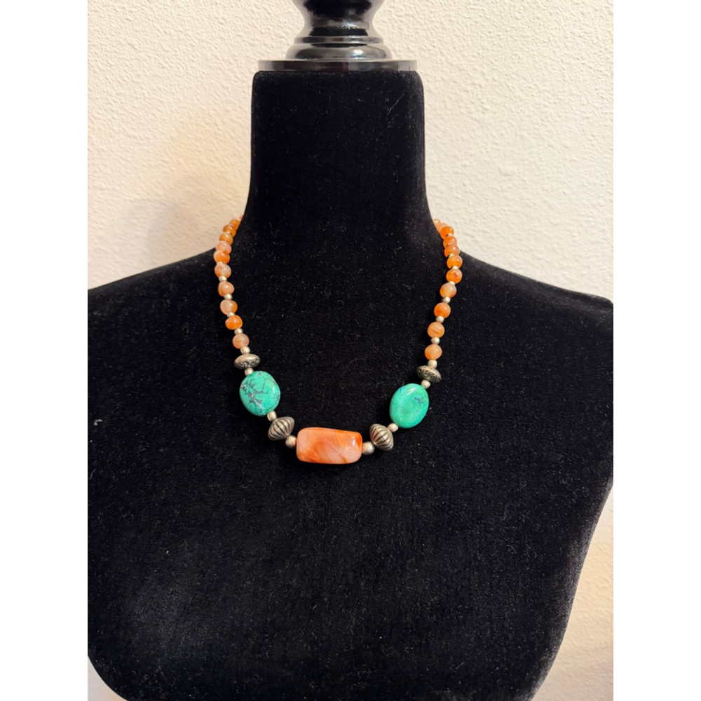 Carnelian & Turquoise Beaded Necklace Boho Artisan Silver Tone Gemstone Jewelry - Picture 5 of 5